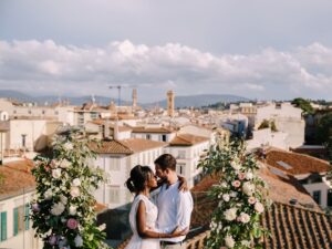 Rooftop European wedding couple