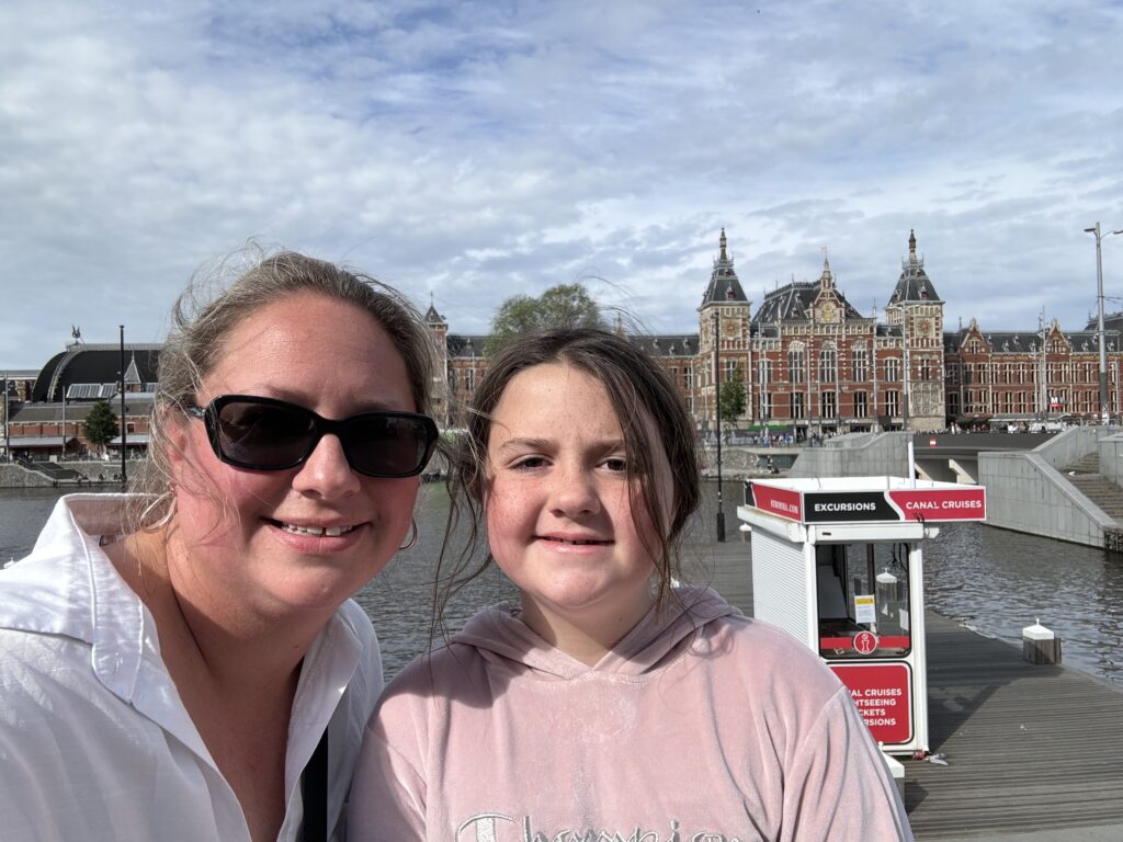 Laura and Cassidy at Central Station on a windy day