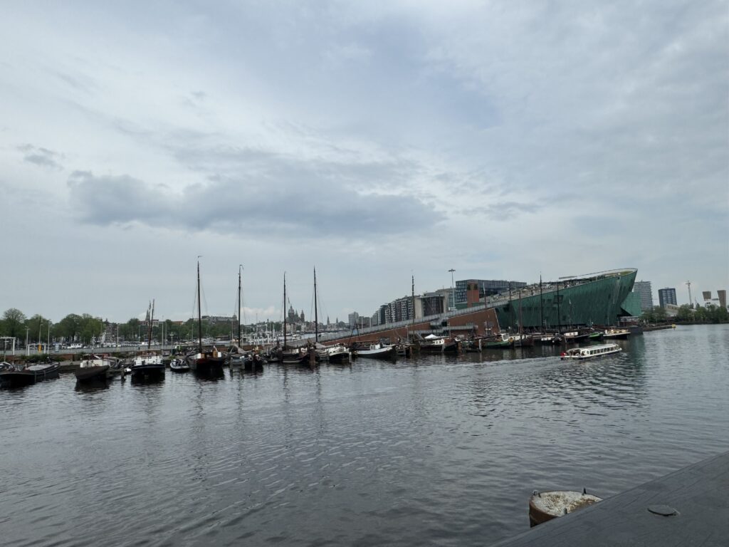 NEMO museum rooftop and shipyard with ships docked